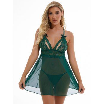 

Sheer Flower Lace Mesh Babydoll Set Adjustable Strap Bowknot T-back Lingerie Set, Deep green