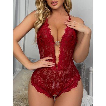 Sheer Flower Lace Lingeire Bodysuit Set Low Cut One-piece Teddy Set 