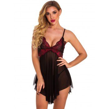 

Flower Embroidery Lace Mesh T-back Babydoll Plunging Neck Adjustable Strap Lingerie Set, Red