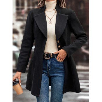 

Single Breasted Button Woolen Solid Color Turndown Collar Long Coat, Black