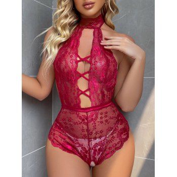 

Sheer Flower Lace Teddy Bodysuit Set Crisscross Backless One-piece Lingerie Set, Red