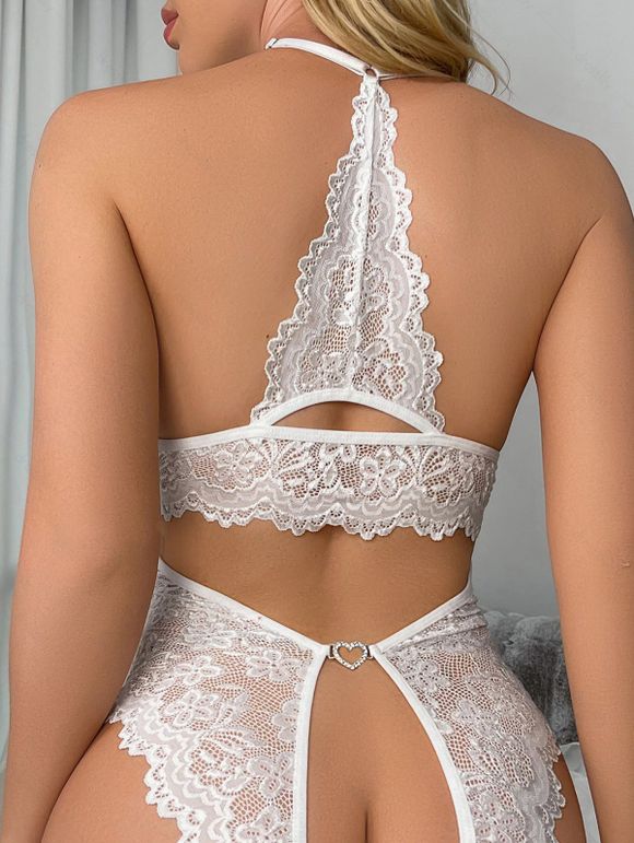 Maillot de Corps Fleur en Dentelle Transparente à Coupe Basse Une-Pièce - Blanc XXL | US 12