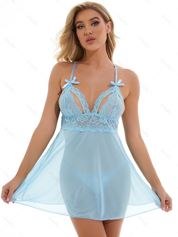 Ensemble de Body Lingerie à Bretelle Réglable Fleur en Dentelle Transparente avec Nœud Papillon - Bleu clair XXL | US 12