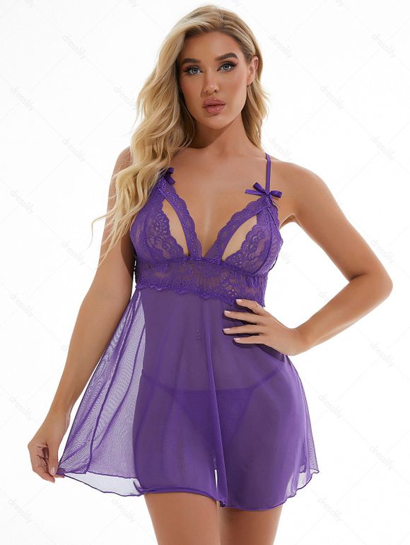 Ensemble de Body Lingerie à Bretelle Réglable Fleur en Dentelle Transparente avec Nœud Papillon - Pourpre XXL | US 12