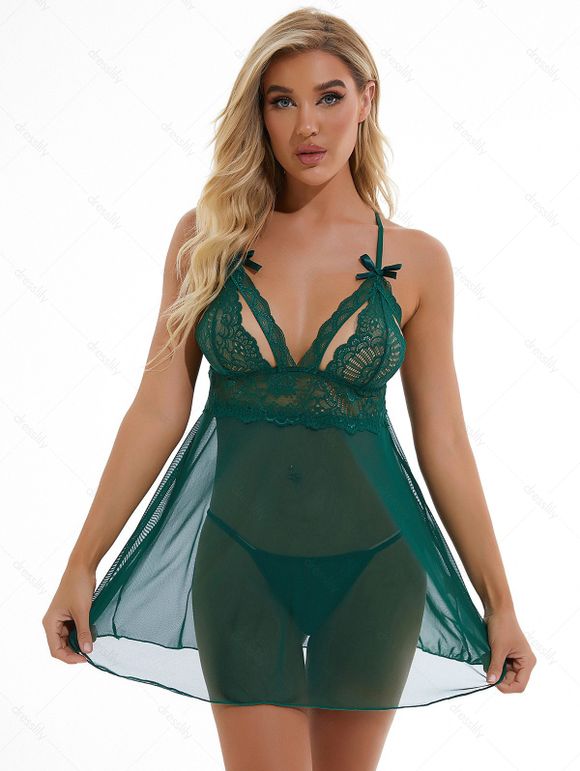 Ensemble de Body Lingerie à Bretelle Réglable Fleur en Dentelle Transparente avec Nœud Papillon - Vert profond XXL | US 12