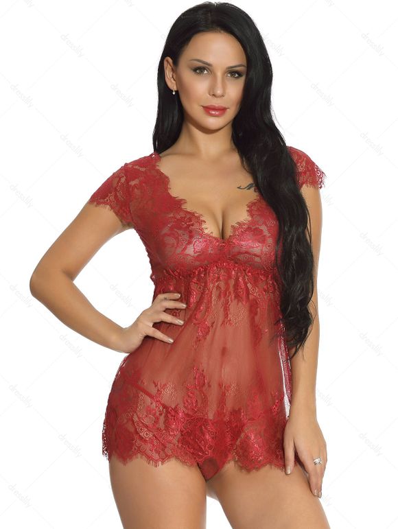 Ensemble de Lingerie T-String Plongeant Fleur en Dentelle Transparente - Rouge XXL | US 12
