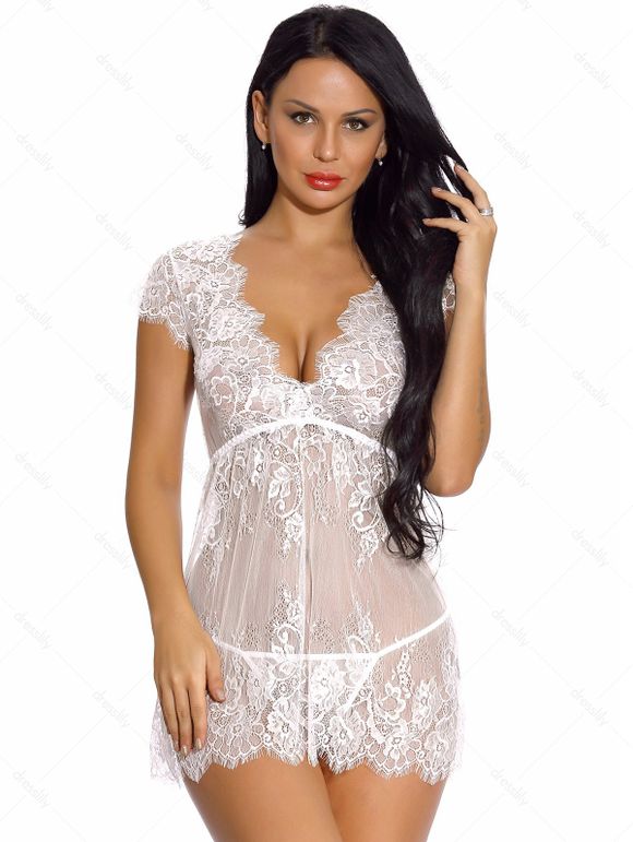 Ensemble de Lingerie T-String Plongeant Fleur en Dentelle Transparente - Blanc XXL | US 12