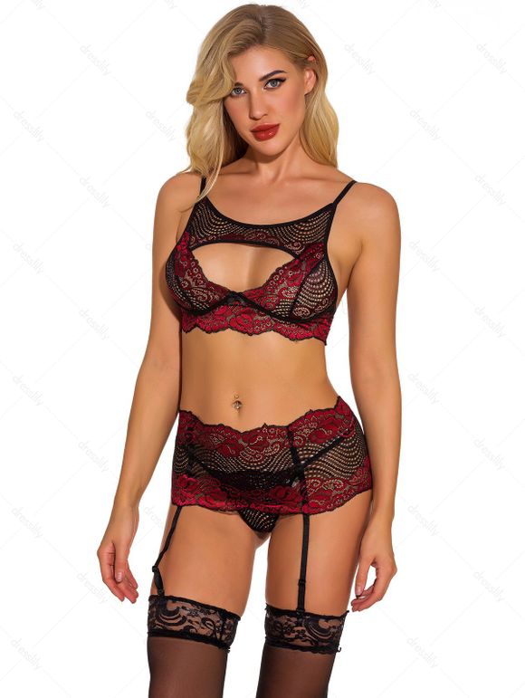 Ensemble de Lingerie Découpé Fleur en Dentelle Transparente et de Jupe à Bretelle Ajustable - Rouge XXL | US 12