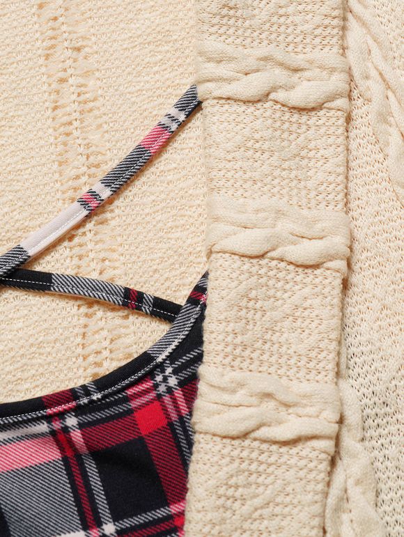 Pull à Imprimé Léopard Croisé Torsadé Tricoté à Carreaux Faux Deux Pièces - Jaune clair XXL