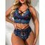 Ensemble de Lingerie à Bretelle Croisée Fleur Brodée et de Culotte - Bleu XXL | US 12