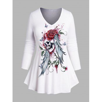 

Plus Size & Curve Long Sleeve T-shirt Flower Skull Wing Print V Neck Tee, White