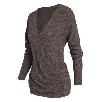 

Textured Sweater Surplice Sweater Solid Color Mock Button V Neck Long Sleeve Sweater, Coffee