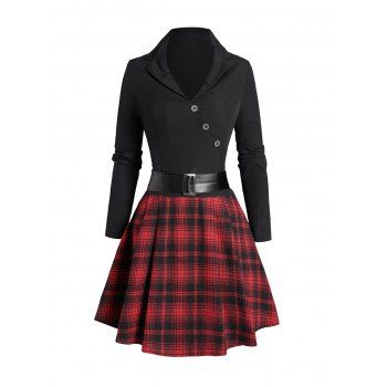 

Plaid Panel Belted Office Mini Dress High Waist Mock Button Notched Collar Combo Dress, Black