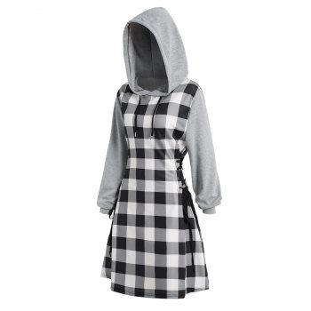 

Check Print Colorblock Hoodie Dress Mini Lace Up Drawstring Hooded Dress, Gray