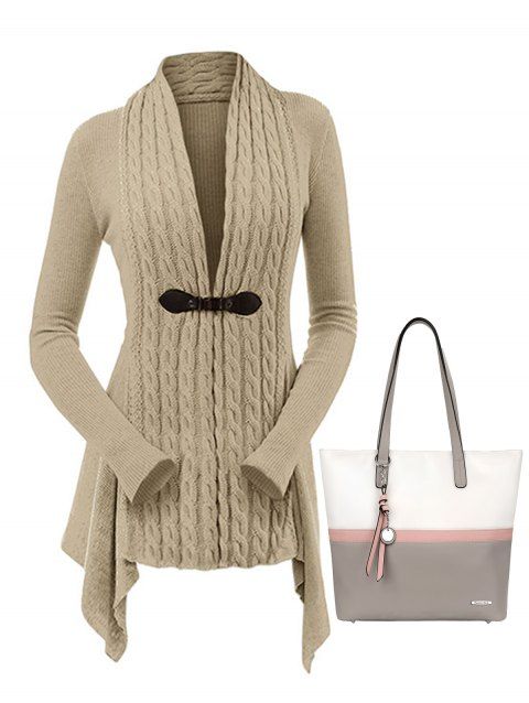 Cable Knit Asymmetrical Long Cardigan And Pomelo Best Large Capacity Faux Leather One Shoulder Tote Bag Set