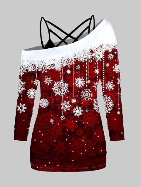 Christmas Snowflake Print Skew Collar Long Sleeve T-shirt And Lattice Spaghetti Strap Camisole Set