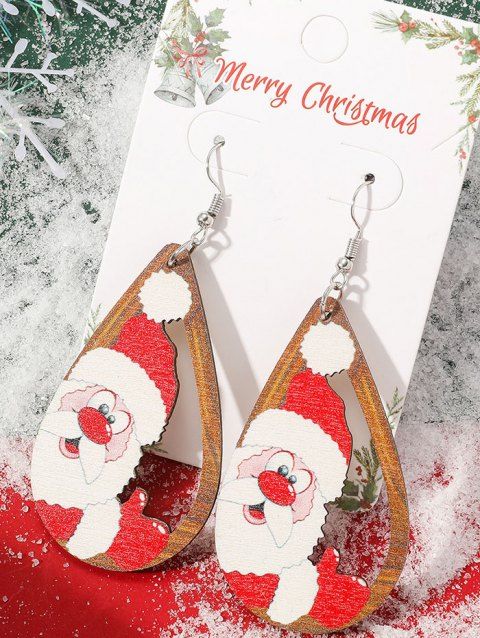 Boucles D'Oreilles de Noël Pendantes Evidées Père Noël Goutte D'Eau Imprimés en Bois