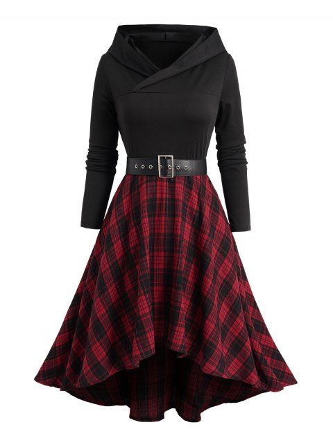 Plaid High Low Hooded Dress Belted Long Sleeve Casual Midi Dress