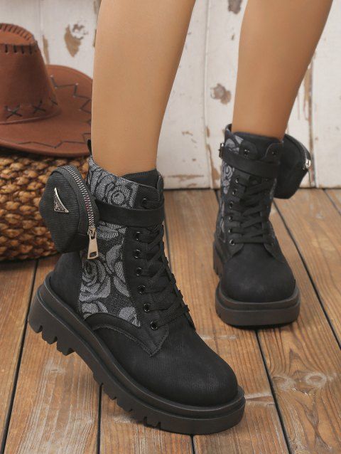 Rose Flower Panel Lace Up Chunky Platform Ankle Boots With Buckle Strap Pouch