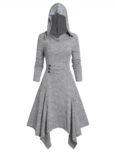 Robe à Capuche Mi-Longue Chinée Asymétrique Tricotée à Manches Longues avec Bouton