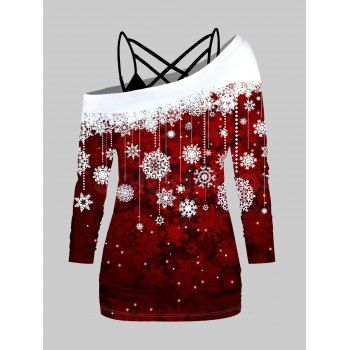 

Christmas Snowflake Print Skew Collar Long Sleeve T-shirt And Lattice Spaghetti Strap Camisole Set, Red