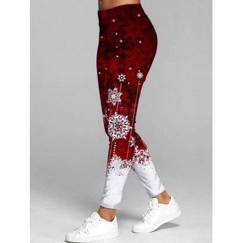 

Christmas Snowflake Print Leggings Elastic Waist Long Casual Leggings, Red