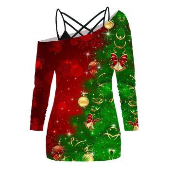 

Christmas Tree Ball Snowflake 3D Print Skew Collar T-shirt And Lattice Spaghetti Strap Camisole Set, Multicolor
