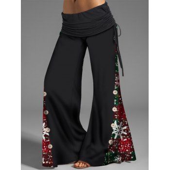 

Christmas Wide Leg Pants Plaid Snowflake Print Panel Cinched Foldover Elastic Waist Loose Pants, Black