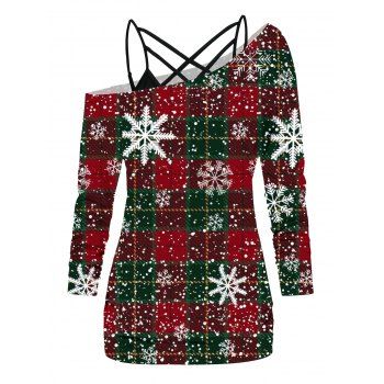 

Christmas Snowflake Plaid Print Skew Collar T-shirt And Lattice Spaghetti Strap Camisole Set, Deep red