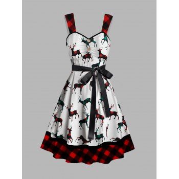 

Christmas Belted Mini Dress Plaid Elk Print Mock Button Ruched High Waist A Line Dress, Red