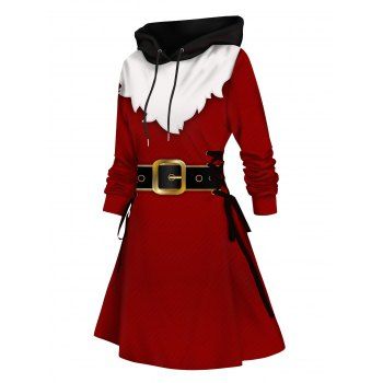 

Christmas Belted 3D Print Lace Up Hoodie Dress Drawstring A Line Mini Dress With Hooded, Red