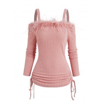 

Cold Shoulder Cinched Knit Top Faux Fur Detail Knitted Top, Light pink