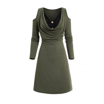 

Cold Shoulder Mini Dress Colorblock Ruched Cowl Neck Long Sleeve Dress, Deep green