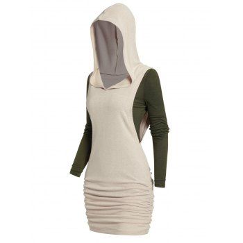 

Hooded Knit Ruched Long Vest And Full Sleeve T-shirt Two Piece Set, Light coffee
