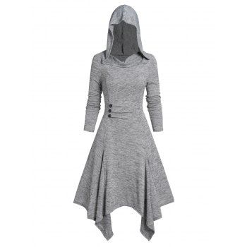 

Asymmetric Knit Midi Hooded Dress Heathered Mock Button Long Sleeve Knitted Dress With Hood, Gray