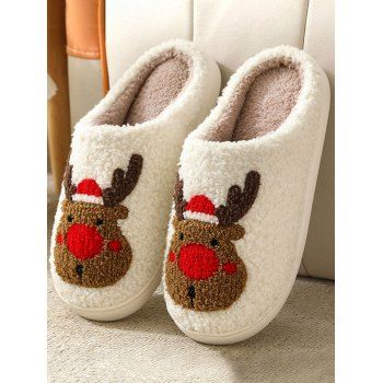 

Cute Cartoon Elk Pattern Christmas Fluffy Slippers, Red