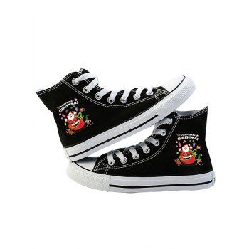 

Christmas Santa Claus Element Print High Top Lace Up Casual Canvas Shoes, Black