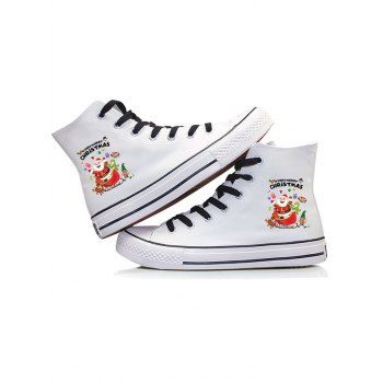 

Christmas Santa Claus Element Print High Top Lace Up Casual Canvas Shoes, White
