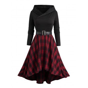 

Plaid High Low Hooded Dress Belted Long Sleeve Casual Midi Dress, Deep red