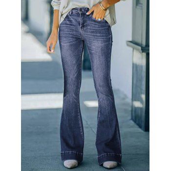 

Middle Waist Flare Jeans Pocket Button Zip Casual Denim Pants, Light blue