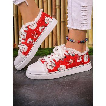 

Christmas Santa Claus Elk Pattern Lace Up Frayed Hem Canvas Shoes, Red