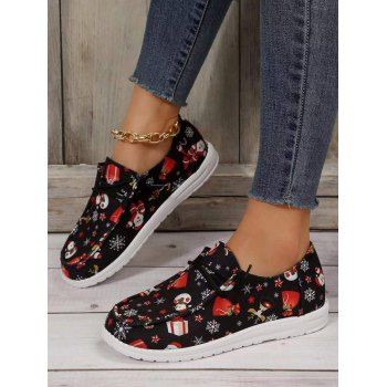 

Christmas Snowflake Snowman Pattern Slip On Casual Canvas Shoes, Black