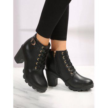 

Chunky Heel Buckle Strap Lace-up Zip Up Ankle Boots, Black