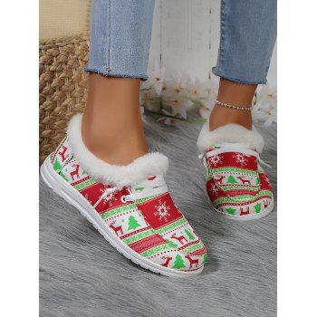 

Christmas Pattern Faux Fur Lace Up Canvas Shoes, Multicolor b