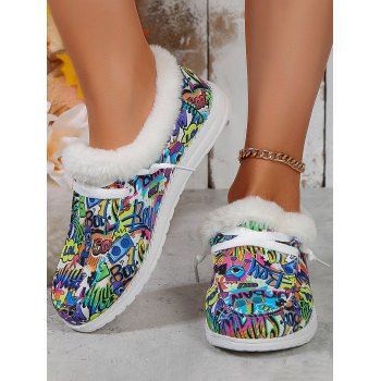 

Allover Pop Art Pattern Faux Fur Lace Up Canvas Shoes, Multicolor c