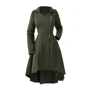 

Lace Up Back High Low Longline Coat Solid Color Turndown Collar Pockets Zip Up Coat, Deep green