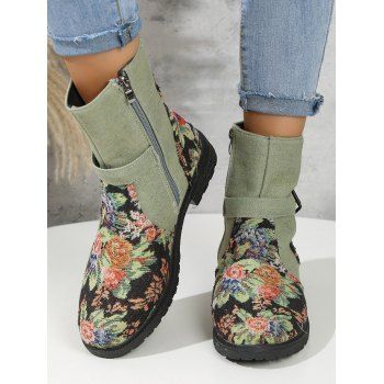 

Flower Embroidery Buckle Strap Zip Up Vintage Ankle Boots, Camouflage green