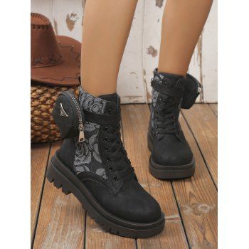 

Rose Flower Panel Lace Up Chunky Platform Ankle Boots With Buckle Strap Pouch, Black