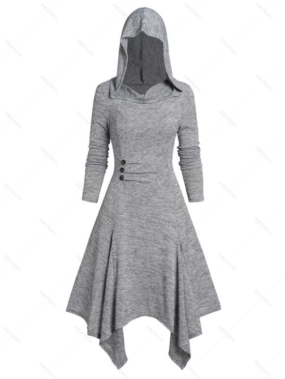 Robe à Capuche Mi-Longue Chinée Asymétrique Tricotée à Manches Longues avec Bouton - Gris XXL | US 14