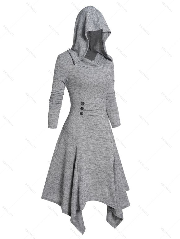 Robe à Capuche Mi-Longue Chinée Asymétrique Tricotée à Manches Longues avec Bouton - Gris XL | US 12